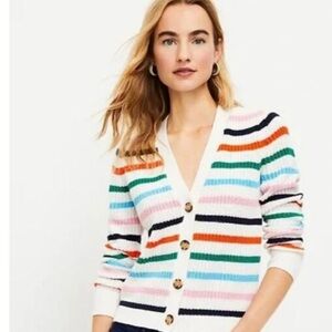 LOFT Cream Striped V-Neck Button Cardigan with Multicolor Bands